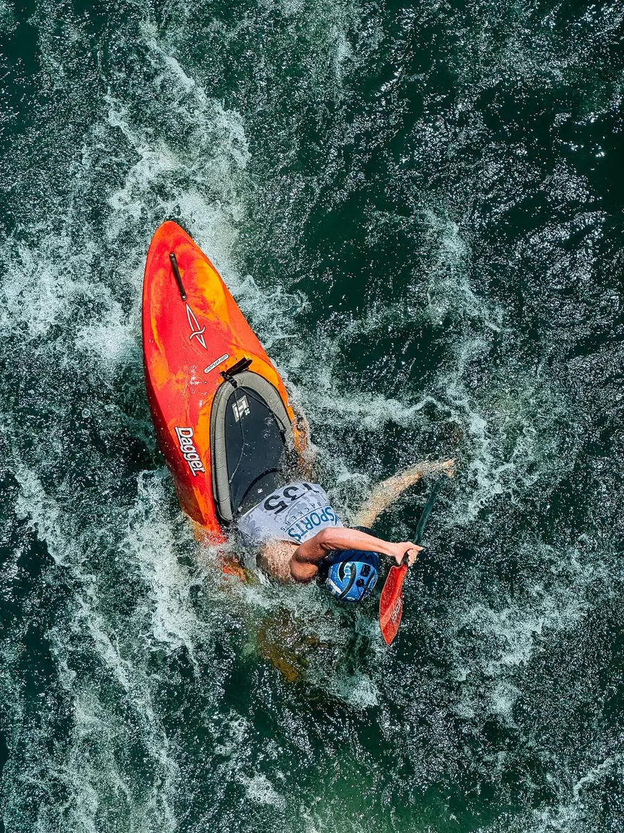 Aerial view of kayaks moving through water